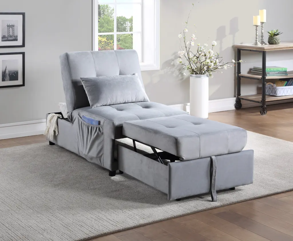 Modern Lift Top Storage Bench Pull Out Bed Gray Velvet Tufted kanepe