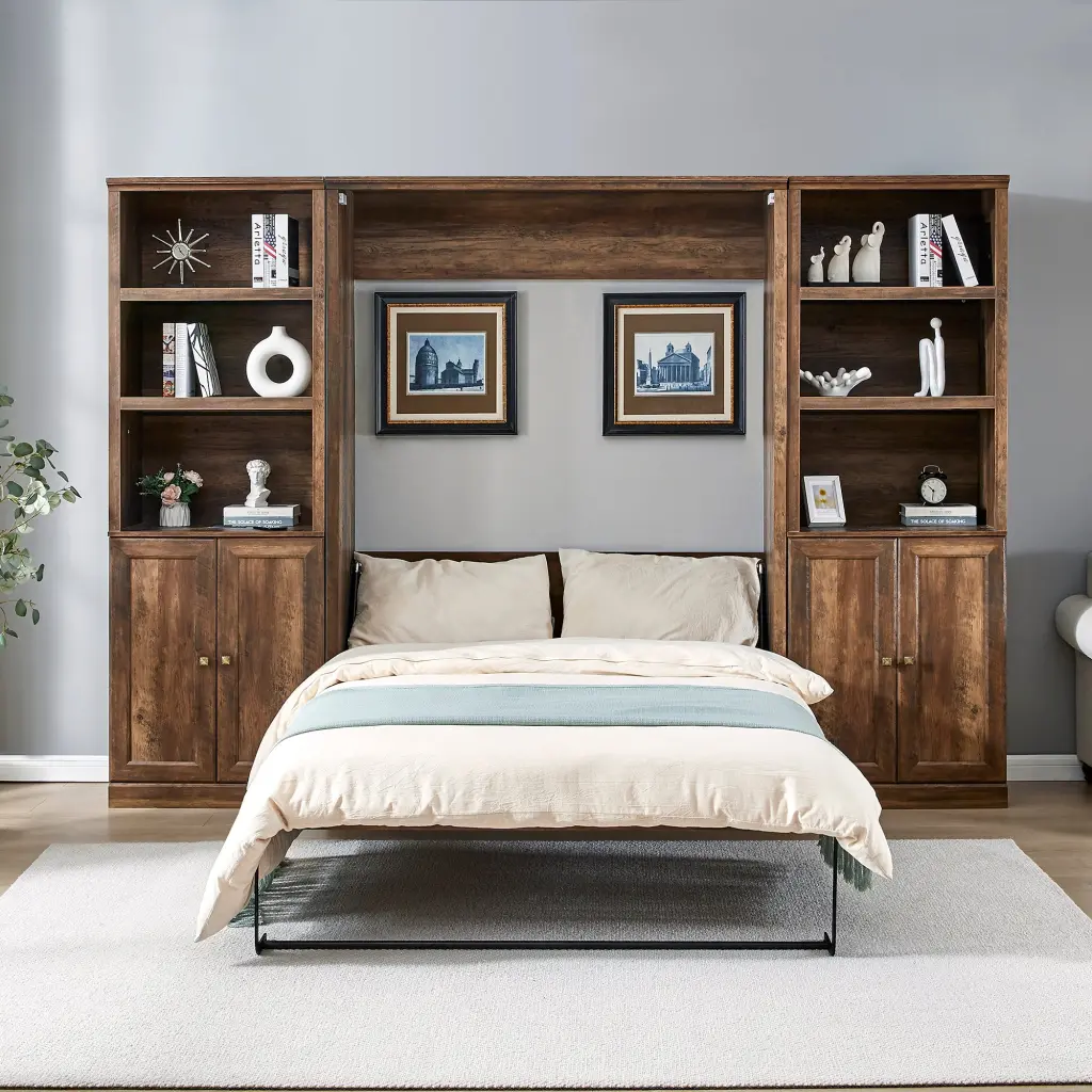 Full Half Self Close Open Murphy Bed 2 Side Cabinet Storage Space Saver bed best