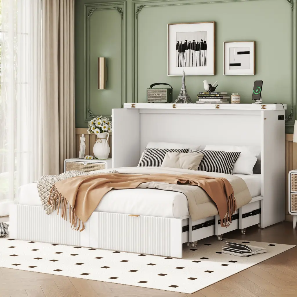 Full Dimensions Murphy Bed Drawer And USB Ports Wall Bed Space Saving Furniture lucky furniture