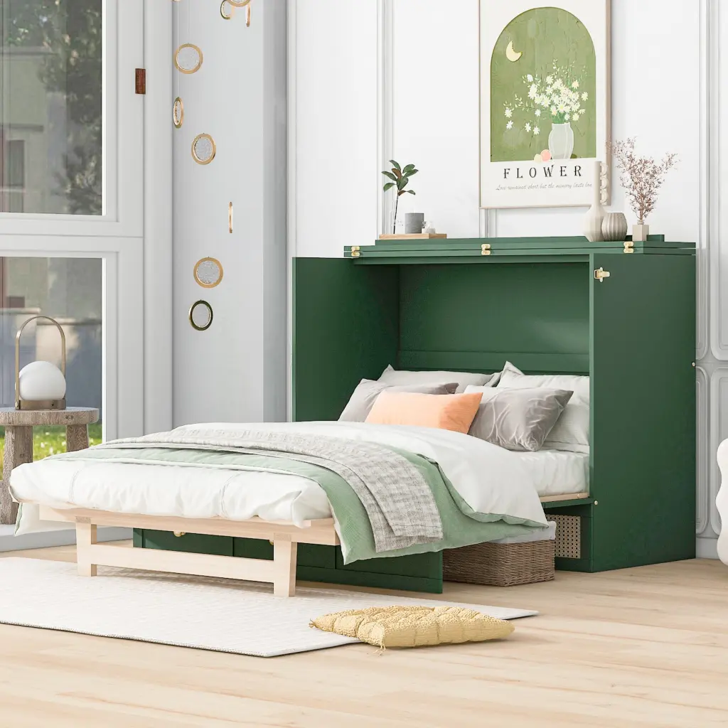 Full Dimensions Murphy Bed Large Drawers Green Plywood Modern Design lucky furniture