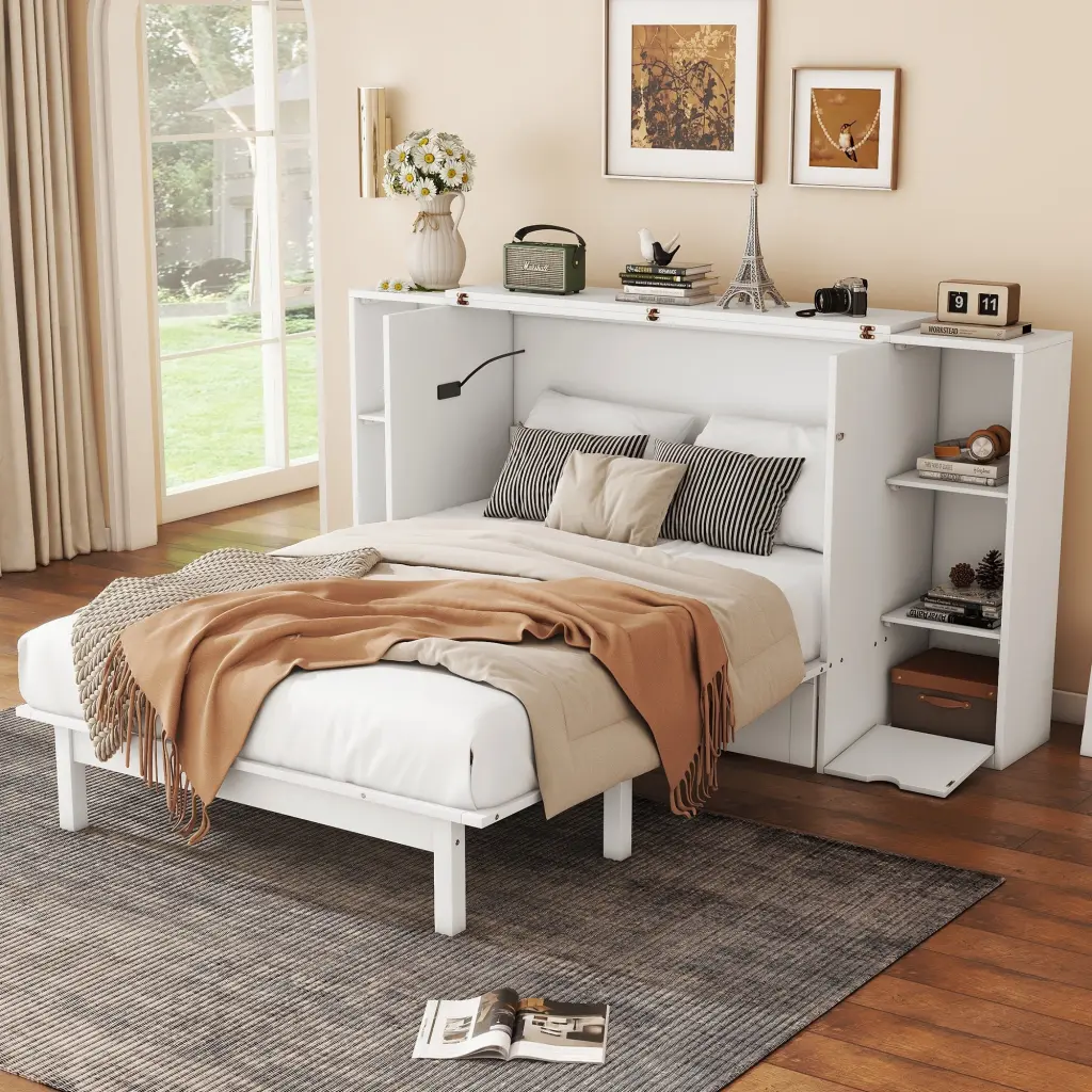 Full Dimensions Murphy Bed Shelves, Drawers and USB Ports White lucky furniture