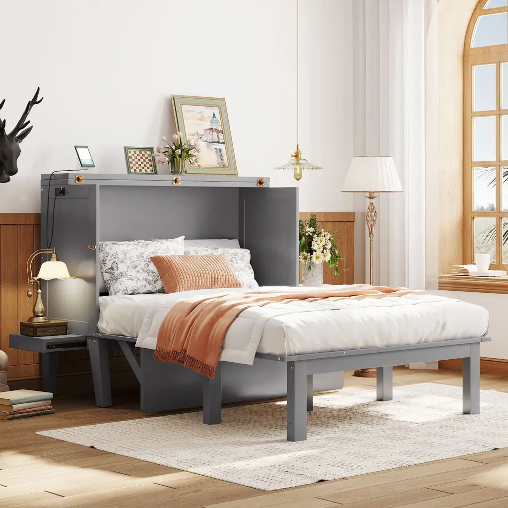 Full Dimensions Murphy Bed USB Port and Removable Shelves Wall Bed Space Saver lucky furniture