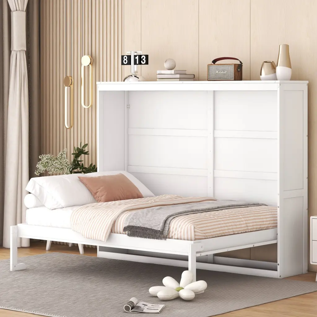 Full Dimensions Murphy Bed Wall Bed White Full White Plywood Space Saving Bed lucky furniture