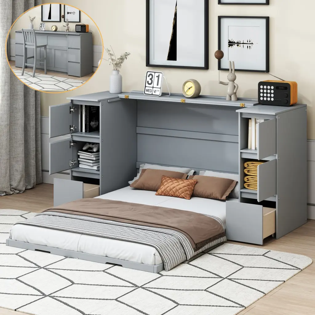 Full Size Gray Murphy Bed Drawers Cabinets and USB Ports lucky furniture