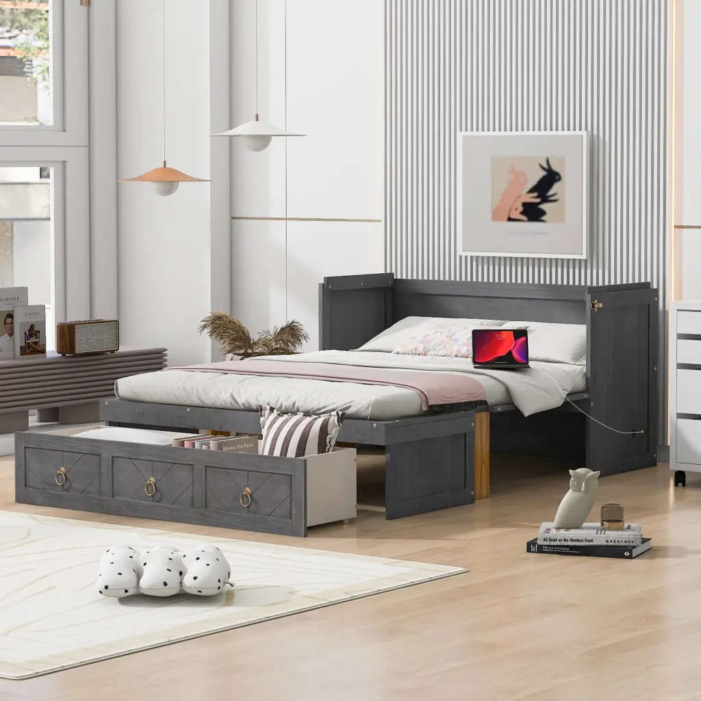 Full Size Gray Murphy Bed USB Port and Large Drawer Space Saving lucky furniture