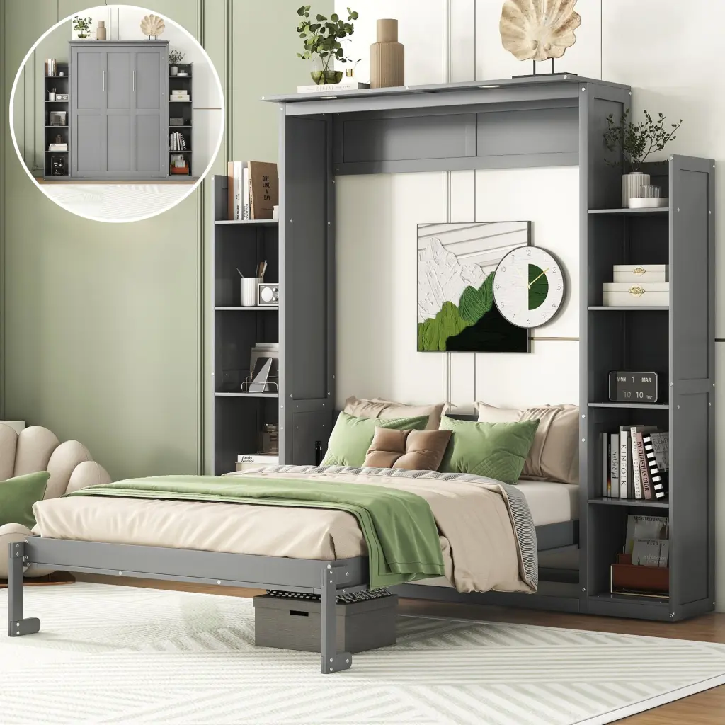 Full Size Gray Murphy Bed Wall Bed Shelves and LED Lights lucky furniture