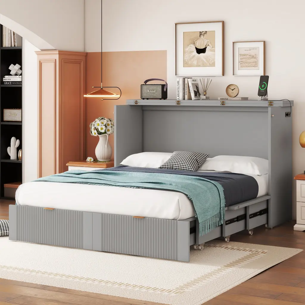 Full Size Murphy Bed Drawer and USB Ports, Space Saving Design lucky furniture