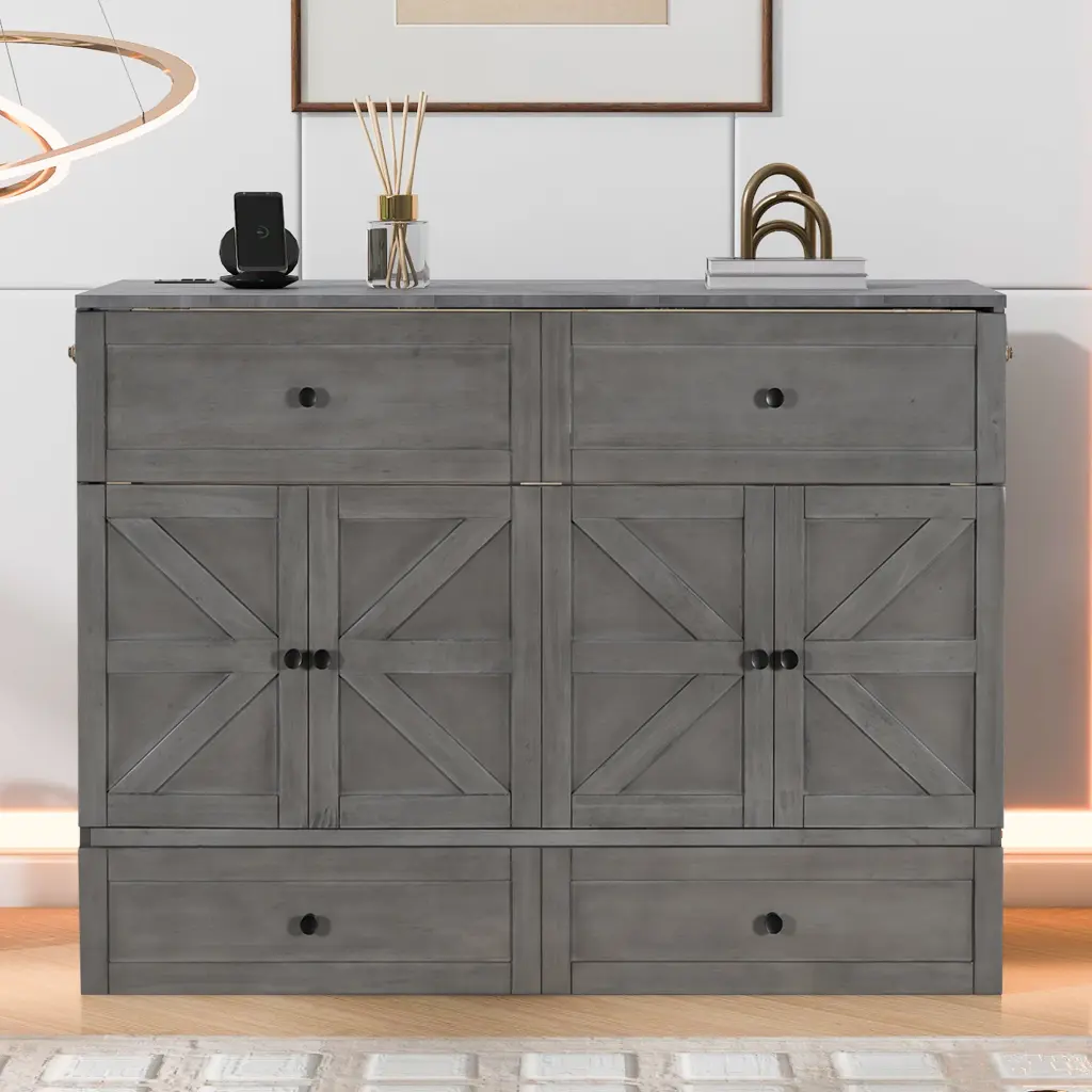 Full Size Murphy Bed Large Drawers and USB Ports Brushed Gray Space Saving Wall Bed lucky furniture
