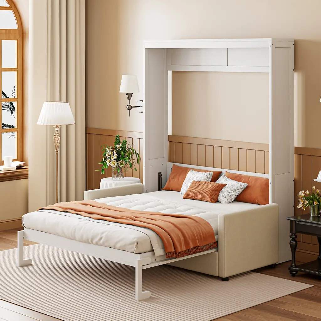 Full Size Murphy Bed Wall Bed Cushion White MDF LVL lucky furniture