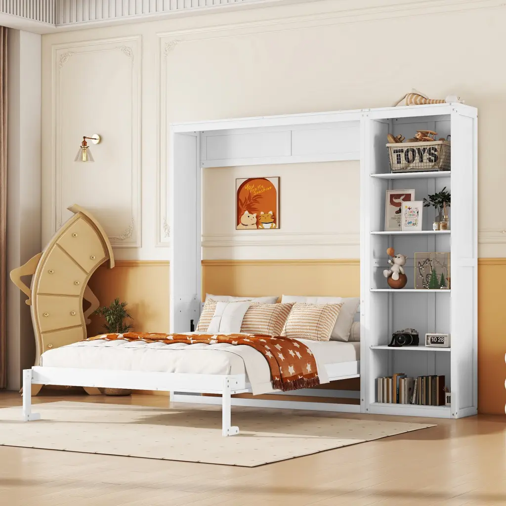 Full Size Murphy Bed Wall Bed Shelves White Solid Wood MDF lucky furniture