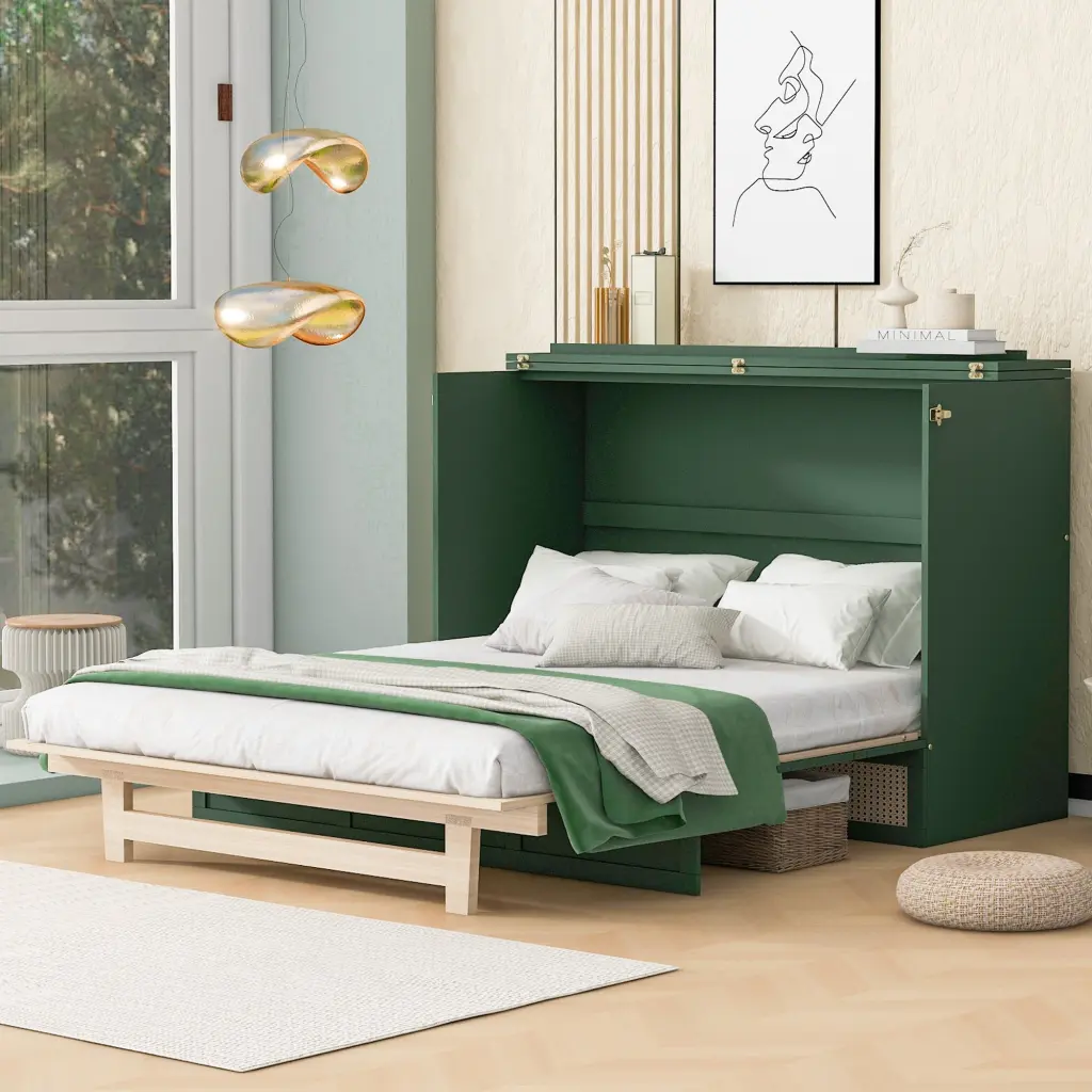 Green Queen Murphy Bed Large Drawers Plywood lucky furniture