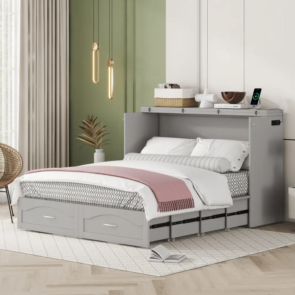 Queen Dimensions Murphy Bed Wall Bed Drawer And USB Sockets Space Saving lucky furniture