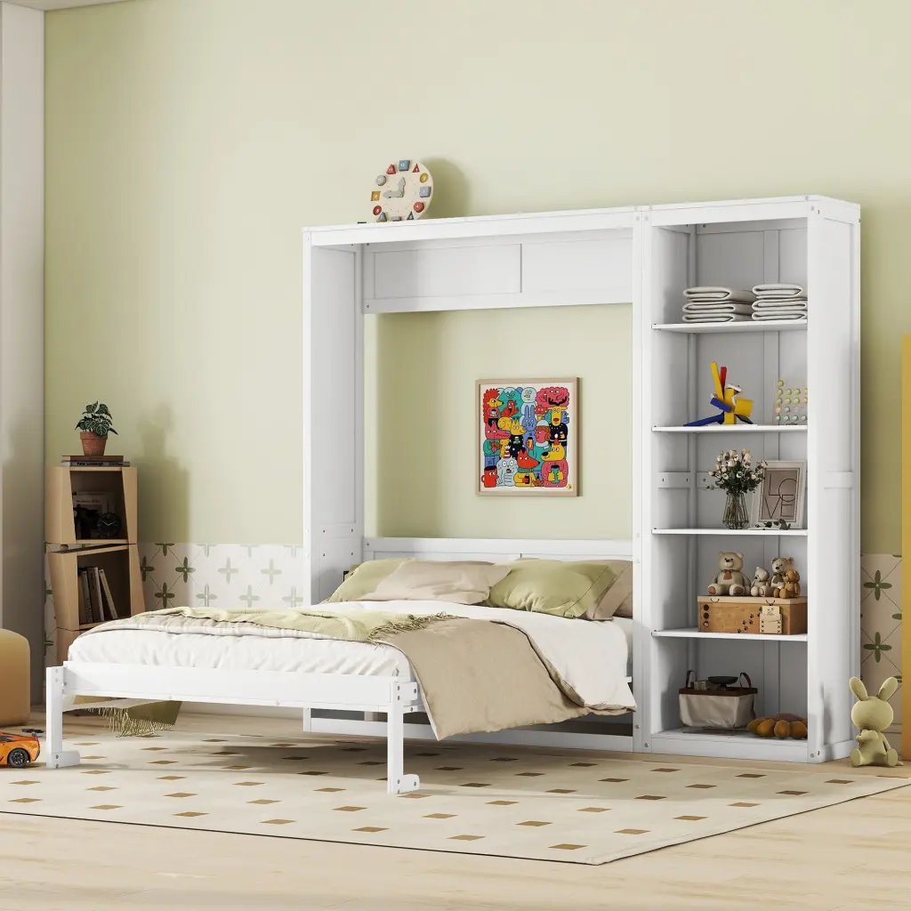 Queen Dimensions Murphy Bed Wall Bed Shelves White Solid Timber MDF lucky furniture