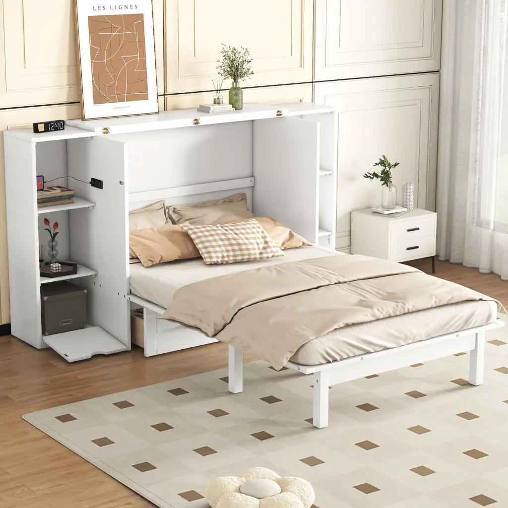 Queen Murphy Bed Shelves Drawers and USB Ports White lucky furniture