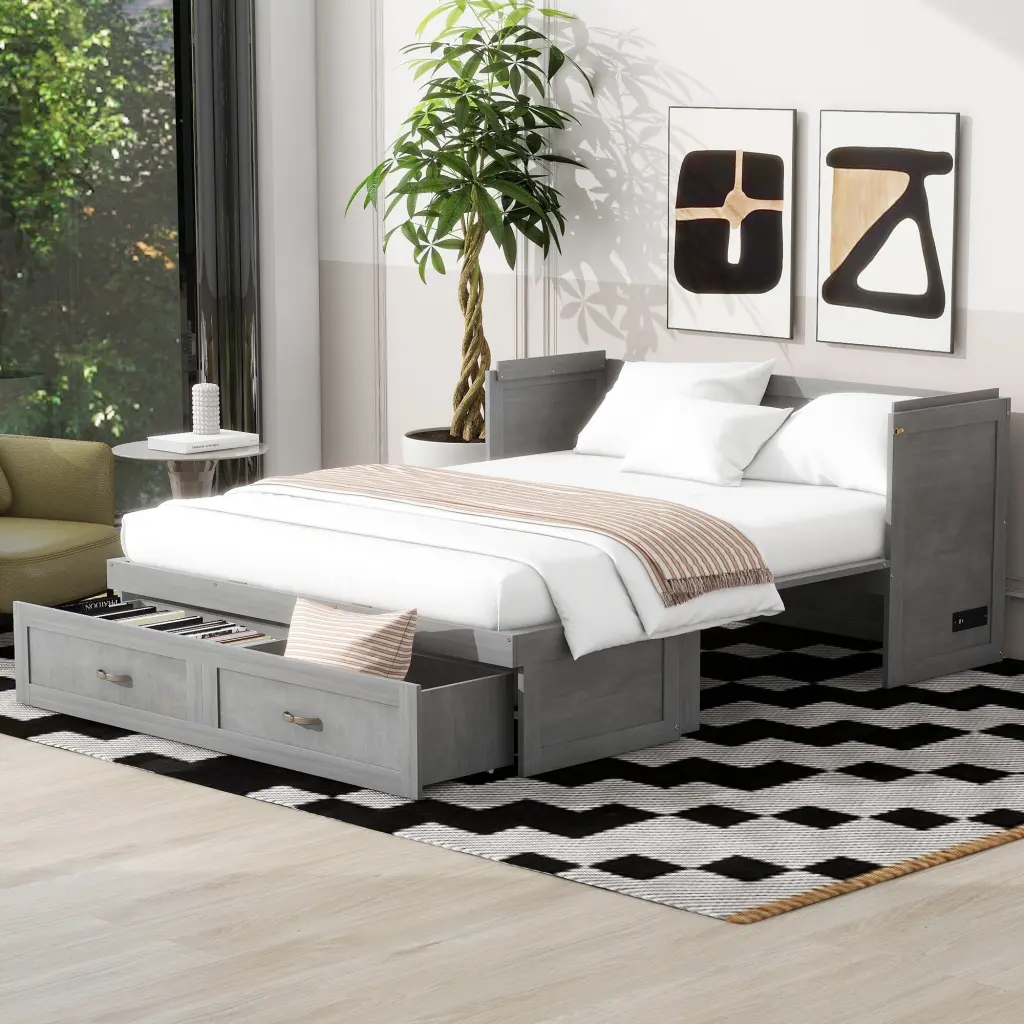 Queen Murphy Bed USB Ports Large Drawers and Metallic Handles lucky furniture