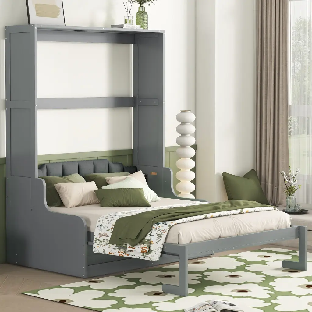 Queen Murphy Bed Wall Bed Cushion Gray MDF LVL lucky furniture