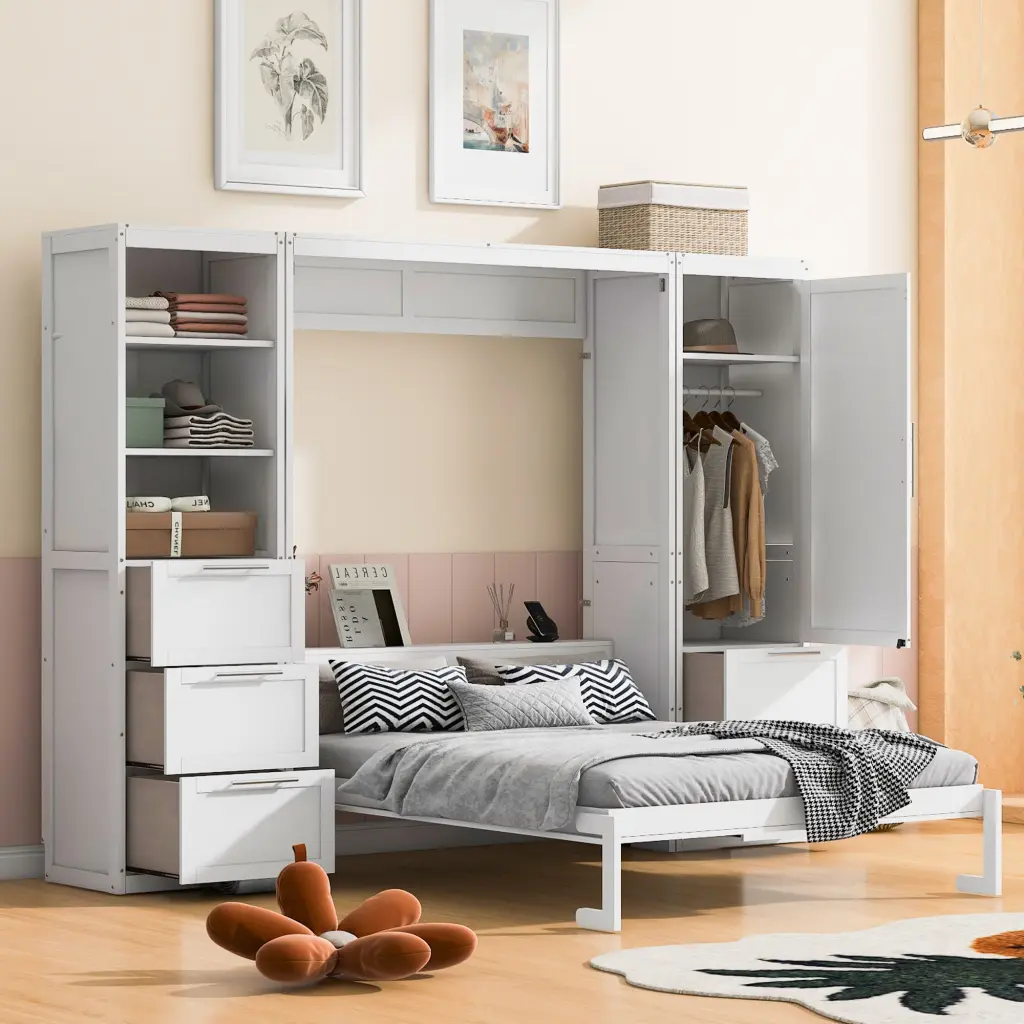 Queen Size Murphy Bed Closet, Drawers and Shelves White Finish lucky furniture