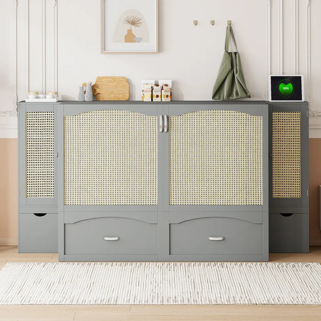 Queen Size Murphy Bed Drawer and Rattan Decoration Wall Bed lucky furniture