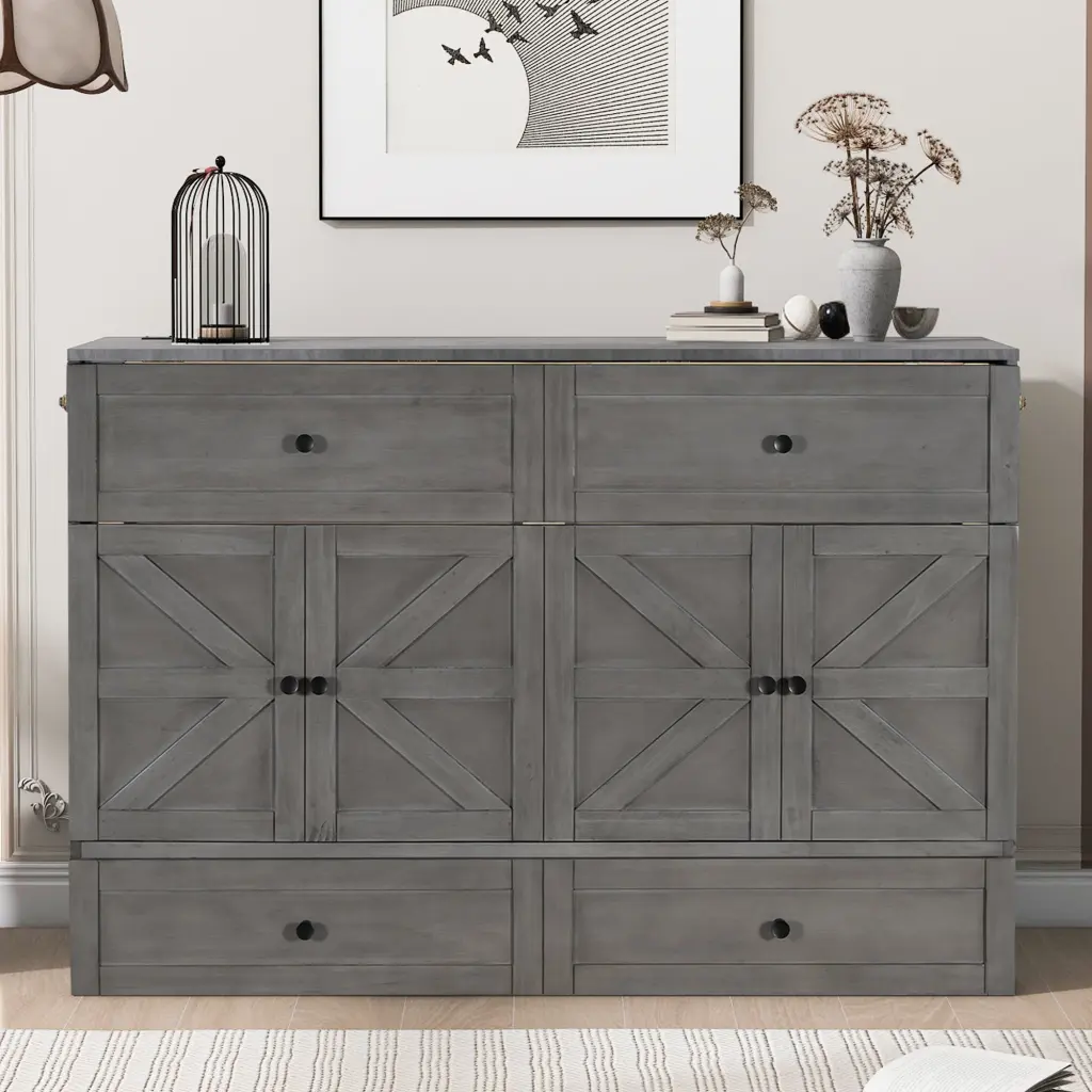Queen Size Murphy Bed Large Drawers USB Ports Brushed Gray Space Saving lucky furniture
