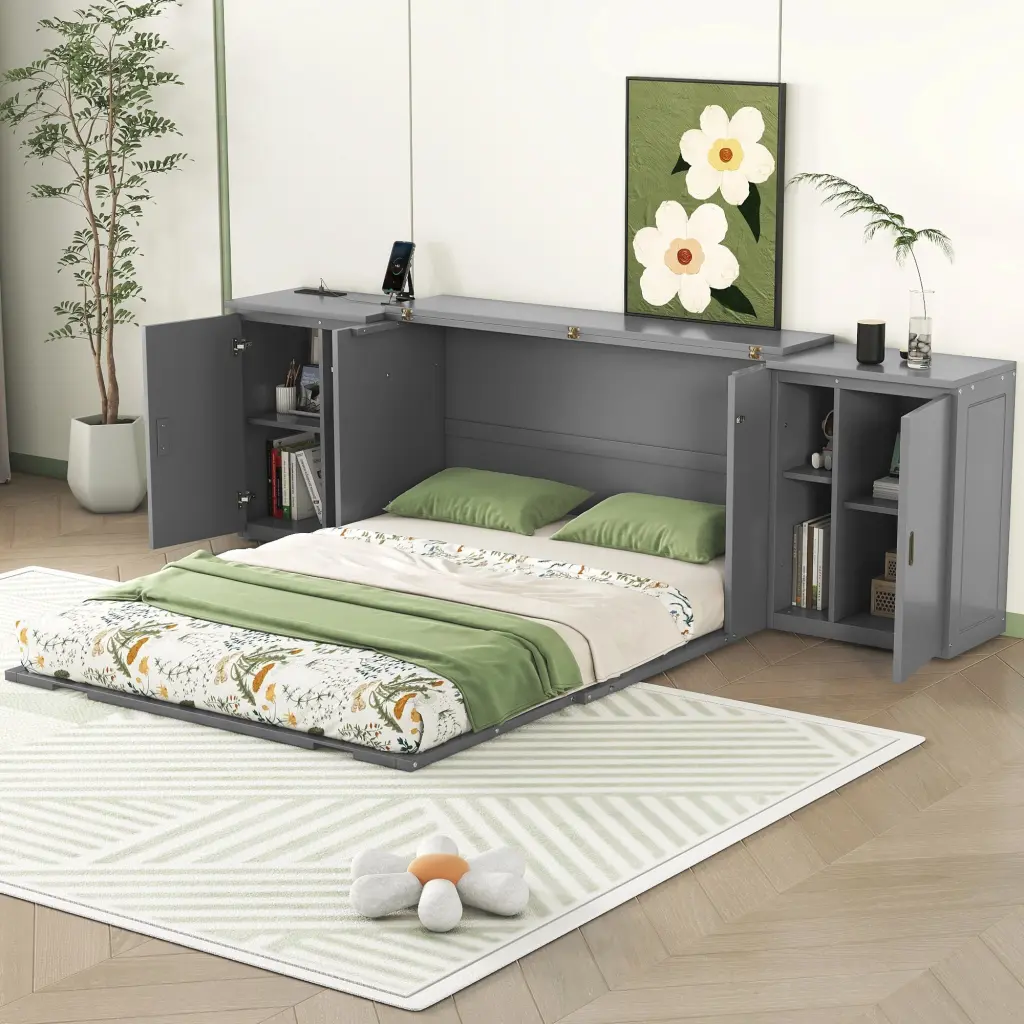 Queen Size Murphy Bed Shelves, Cabinets and USB Ports Gray lucky furniture