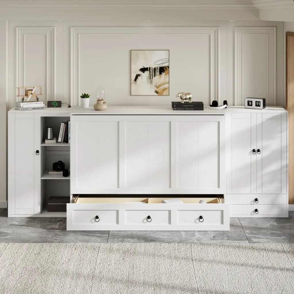 Queen Size Murphy Bed USB Port Little Wardrobes and Drawers White Finish lucky furniture