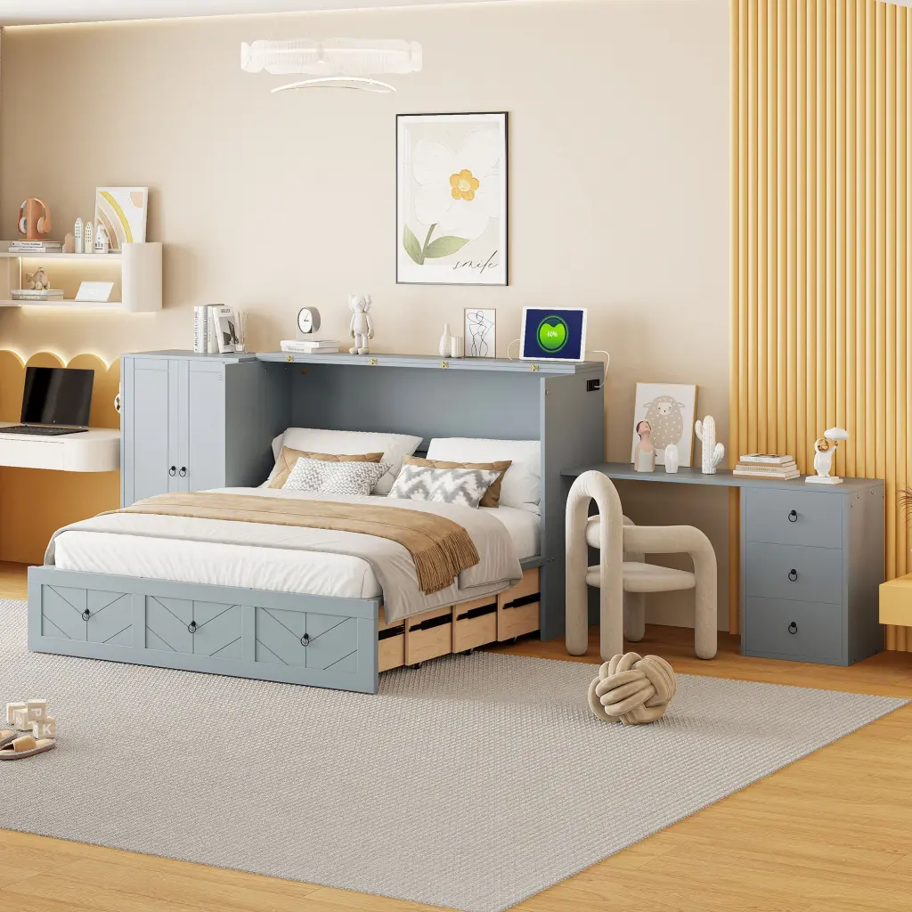 Queen Size Murphy Bed USB Port Large Drawer and Wardrobe Desk Combo lucky furniture