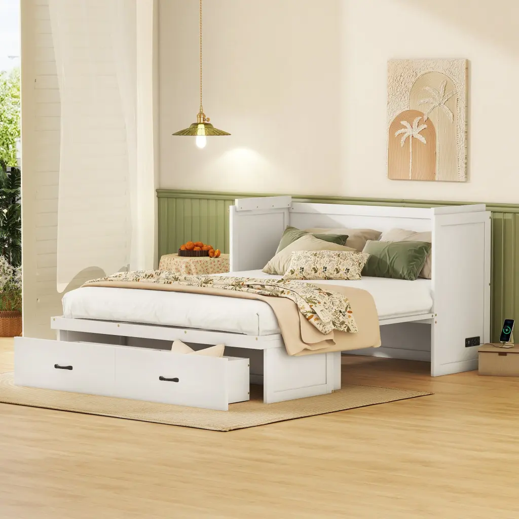 Queen Size Murphy Bed USB Port and Large Drawer White lucky furniture