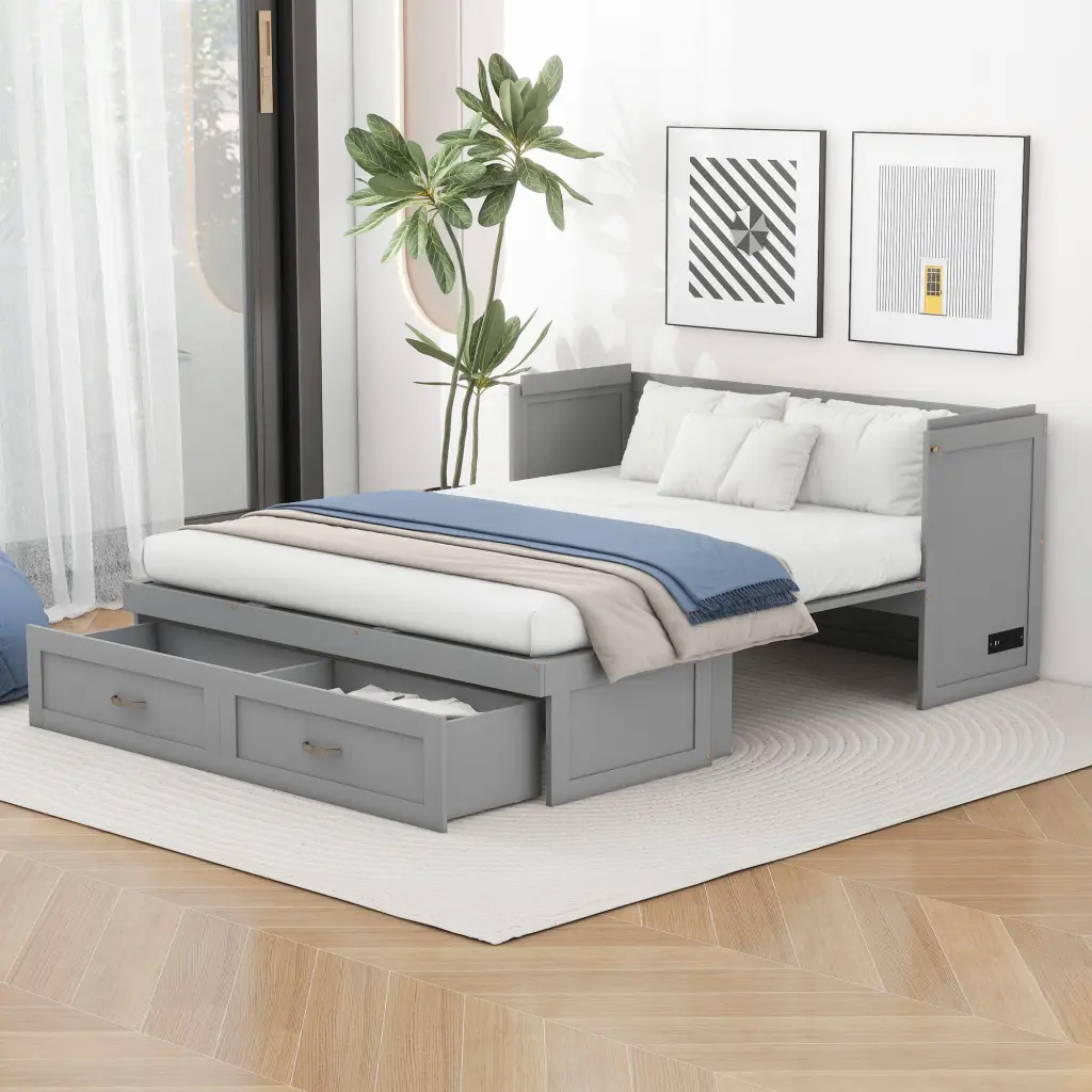 Queen Size Murphy Bed USB Ports Large Drawers And Metal Handles lucky furniture
