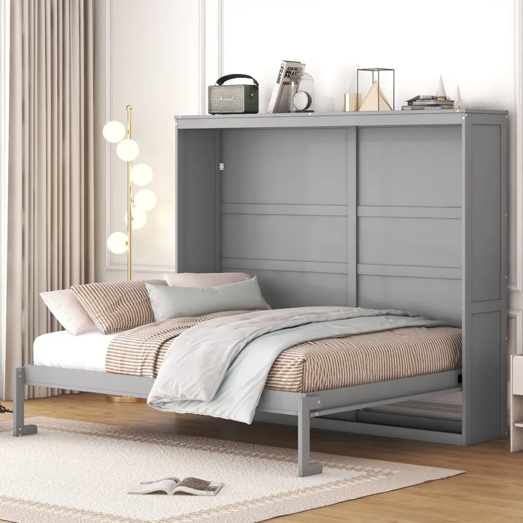 Queen Size Murphy Bed Wall Bed Gray Plywood Space Saving Furniture lucky furniture