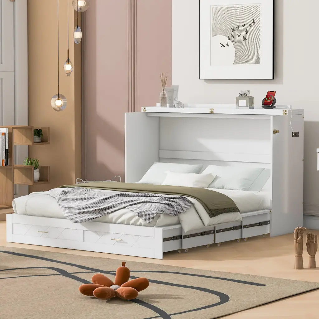 Queen Size Murphy Bed Wall Bed Drawer and USB Sockets Set lucky furniture
