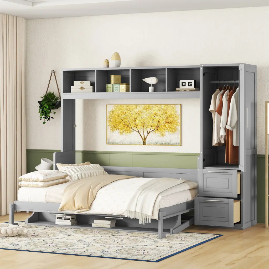 Queen Size Murphy Bed Wall Bed Closet and Drawers, Gray MDF Space-Saving Bed lucky furniture