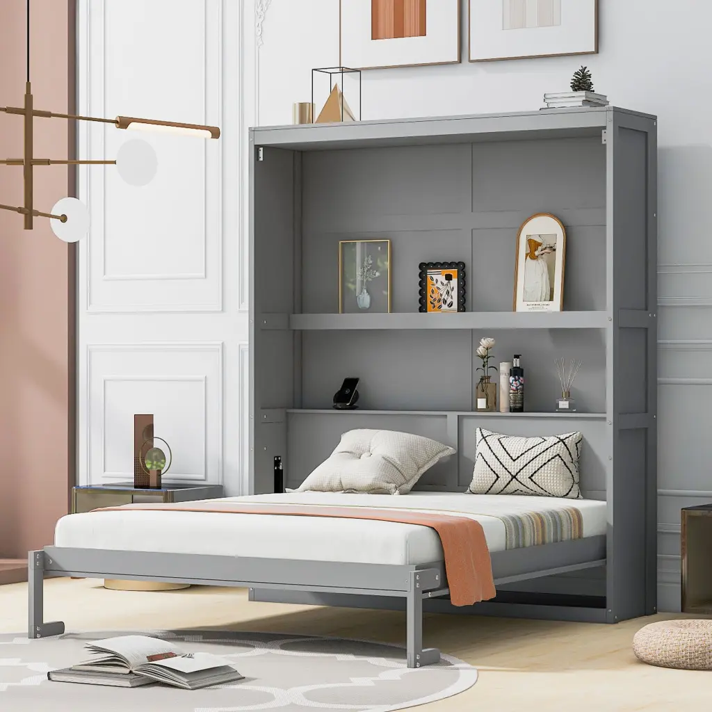 Queen Size Murphy Bed Wall Bed Shelves Gray Solid Wood And MDF lucky furniture