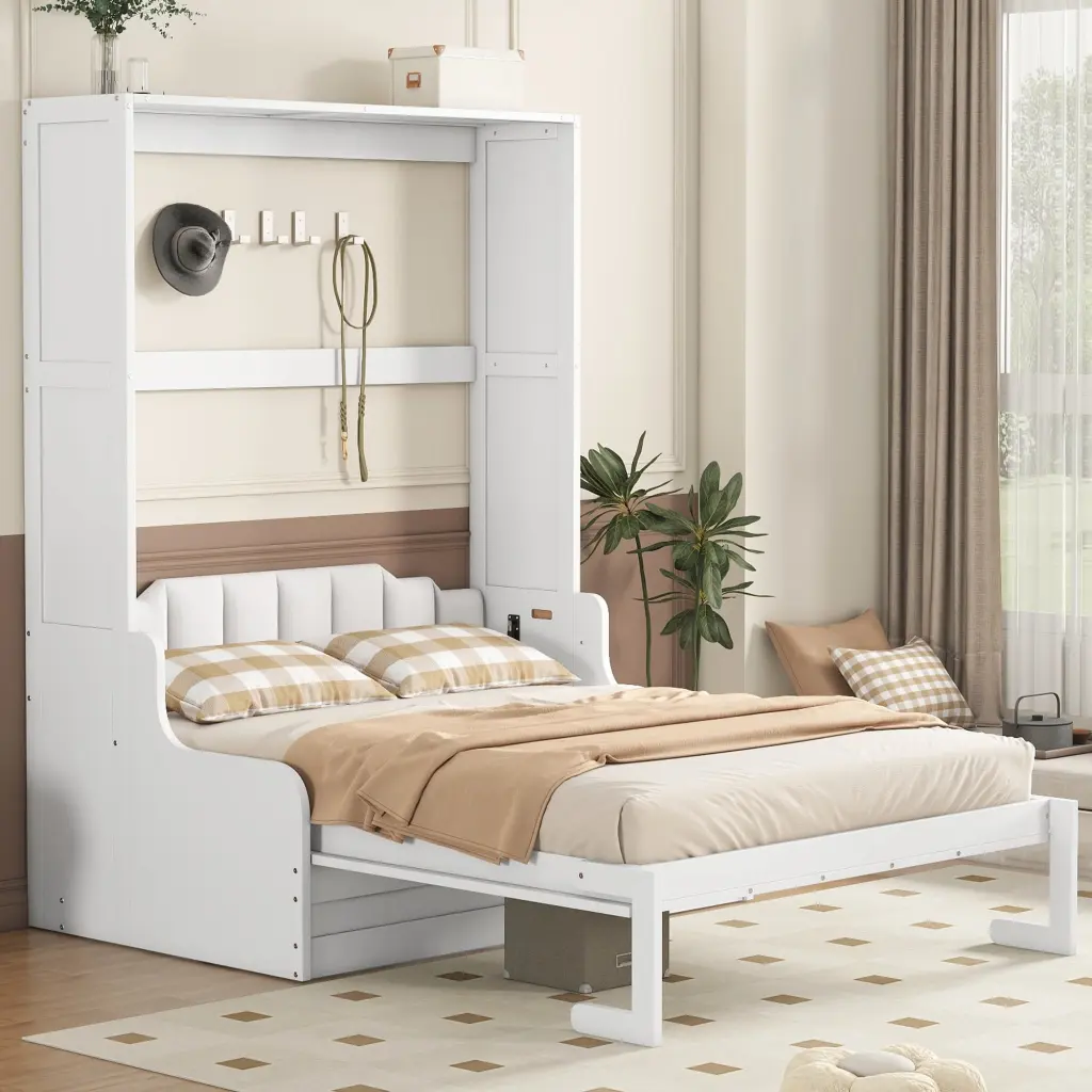 Queen Size Murphy Bed Wall Bed Cushion and White MDF LVL Frame lucky furniture