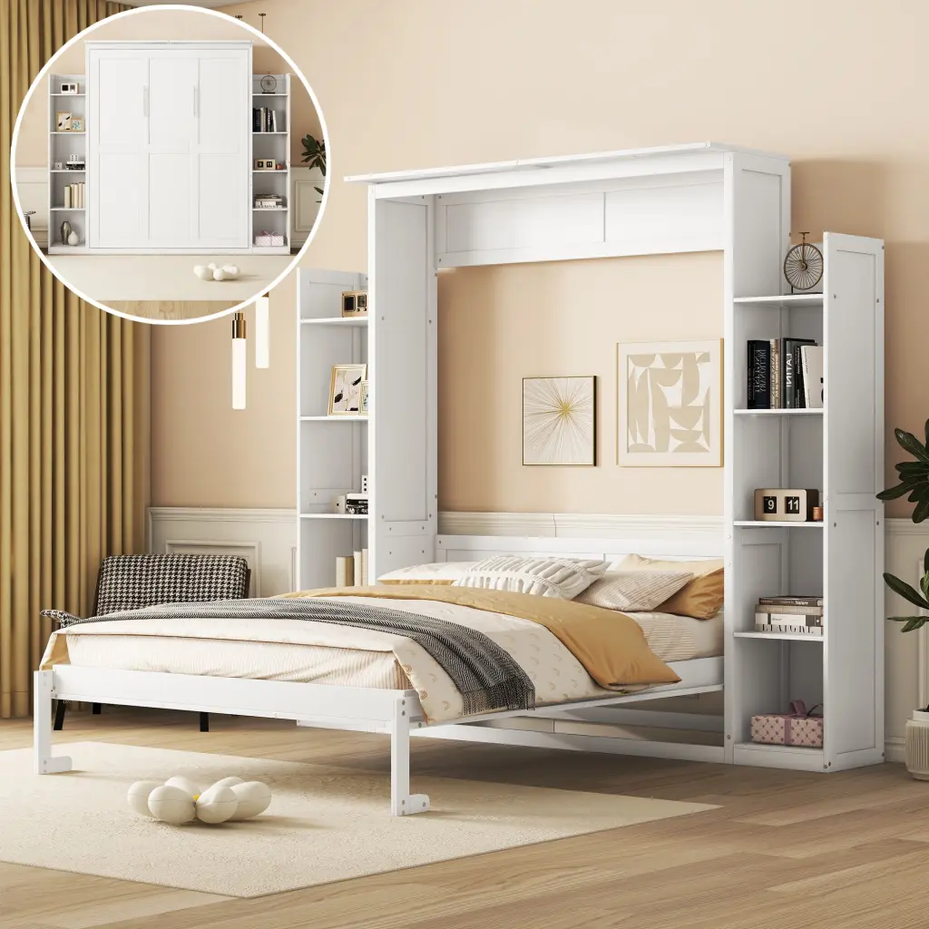 Queen Size Murphy Bed Wall Bed Shelves And LED Lights White Space Saving lucky furniture
