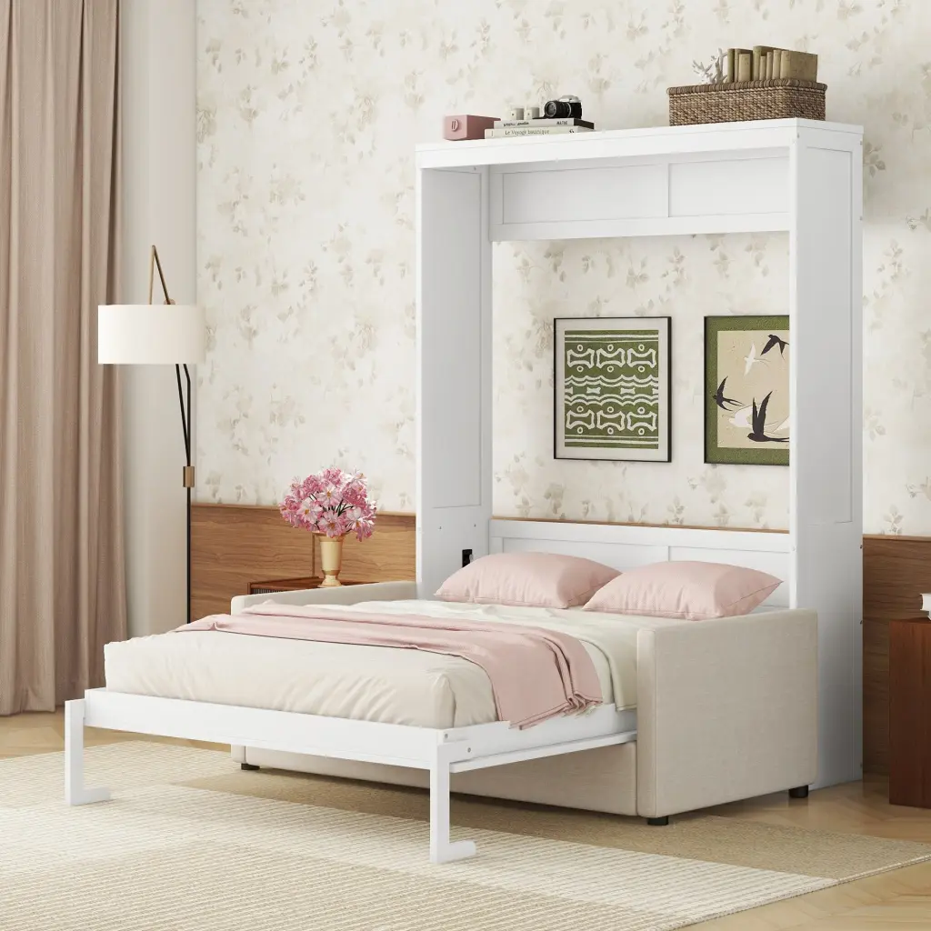 Queen Size Murphy Bed Wall Bed Cushion White MDF LVL lucky furniture