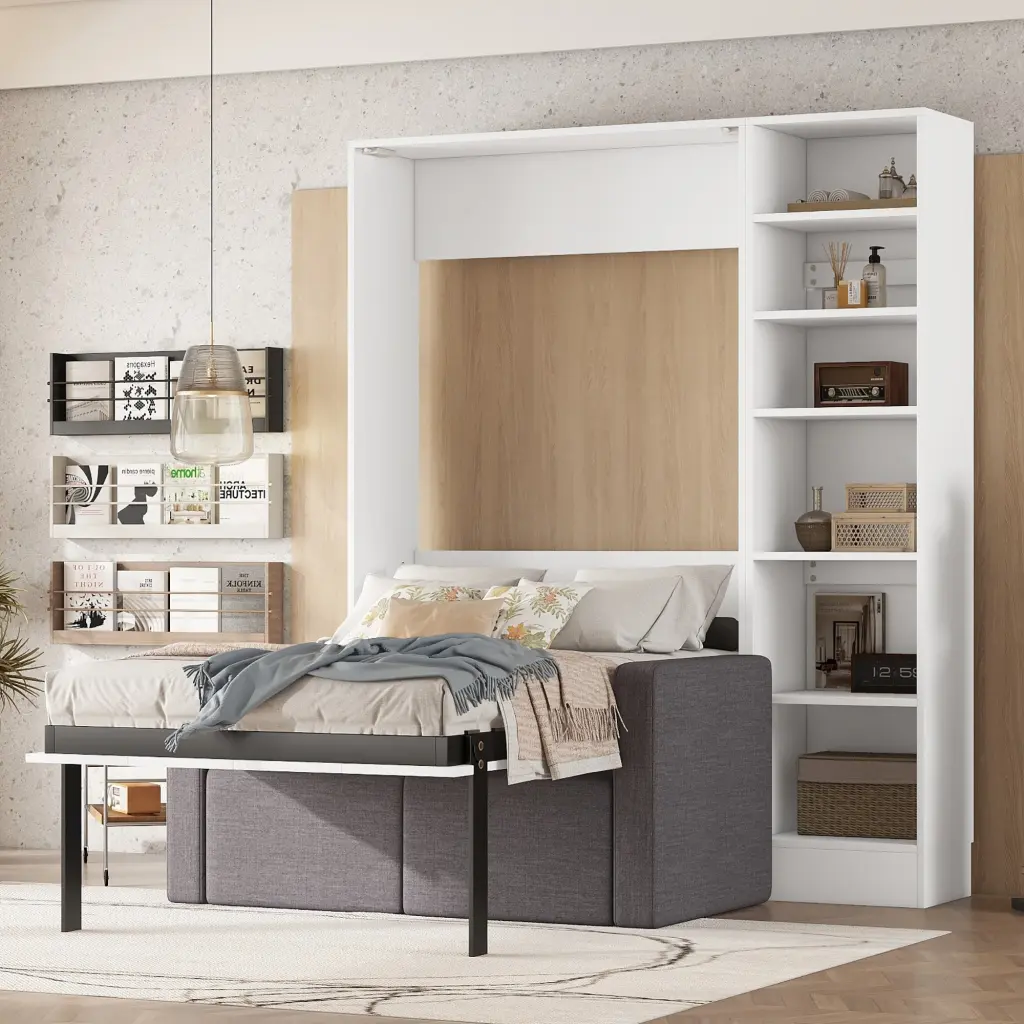 Twin Size Murphy Bed Wall Bed Sofa and Shelves White lucky furniture