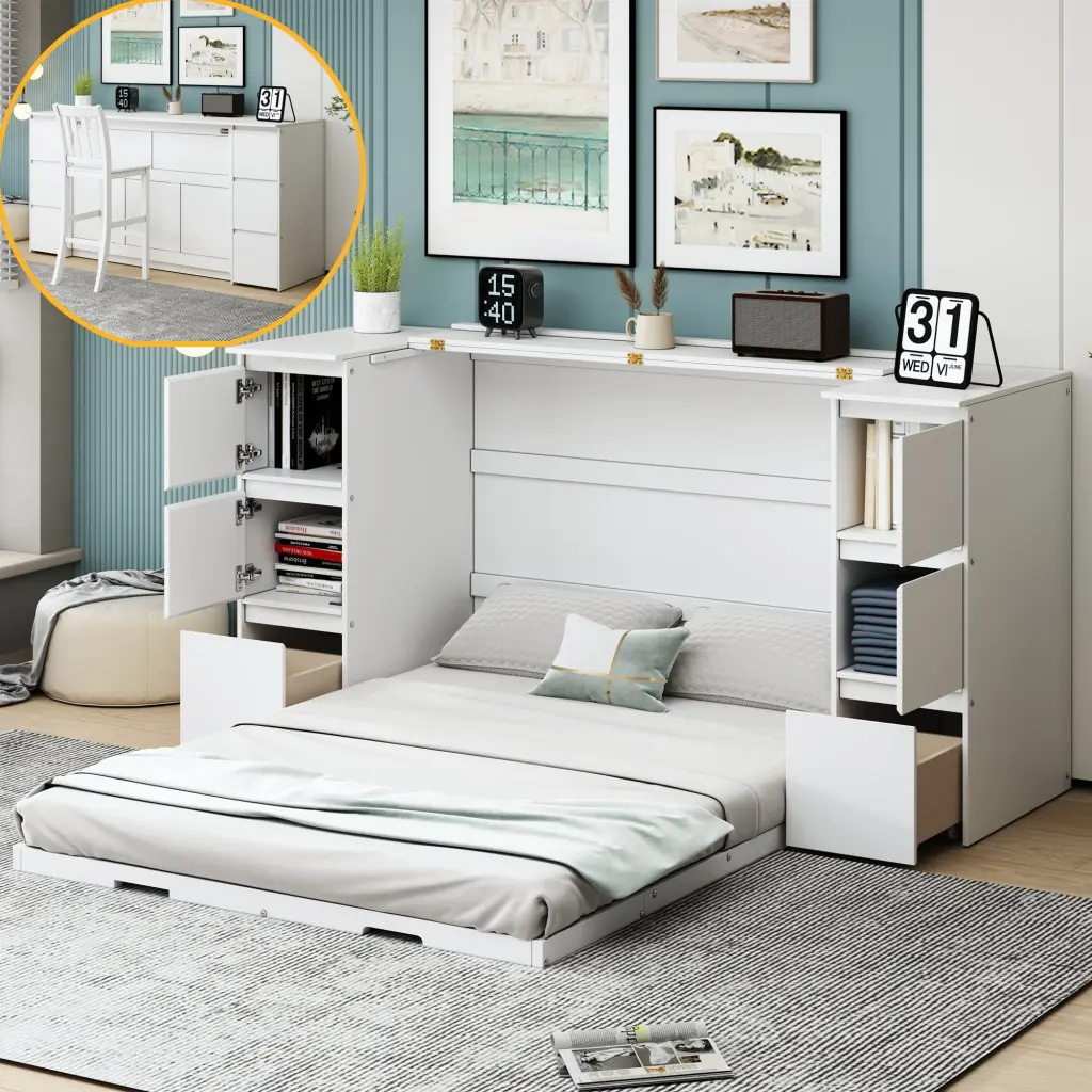 White Full Murphy Bed Drawers Cabinets and USB Ports Space Saving Wall Bed lucky furniture