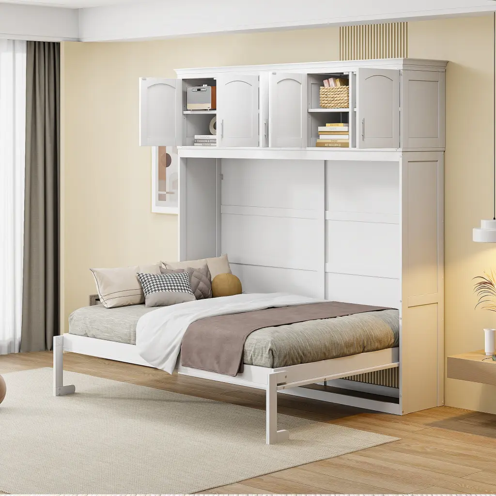 White Full Size Murphy Bed Wall Bed Top Cabinets Plywood lucky furniture