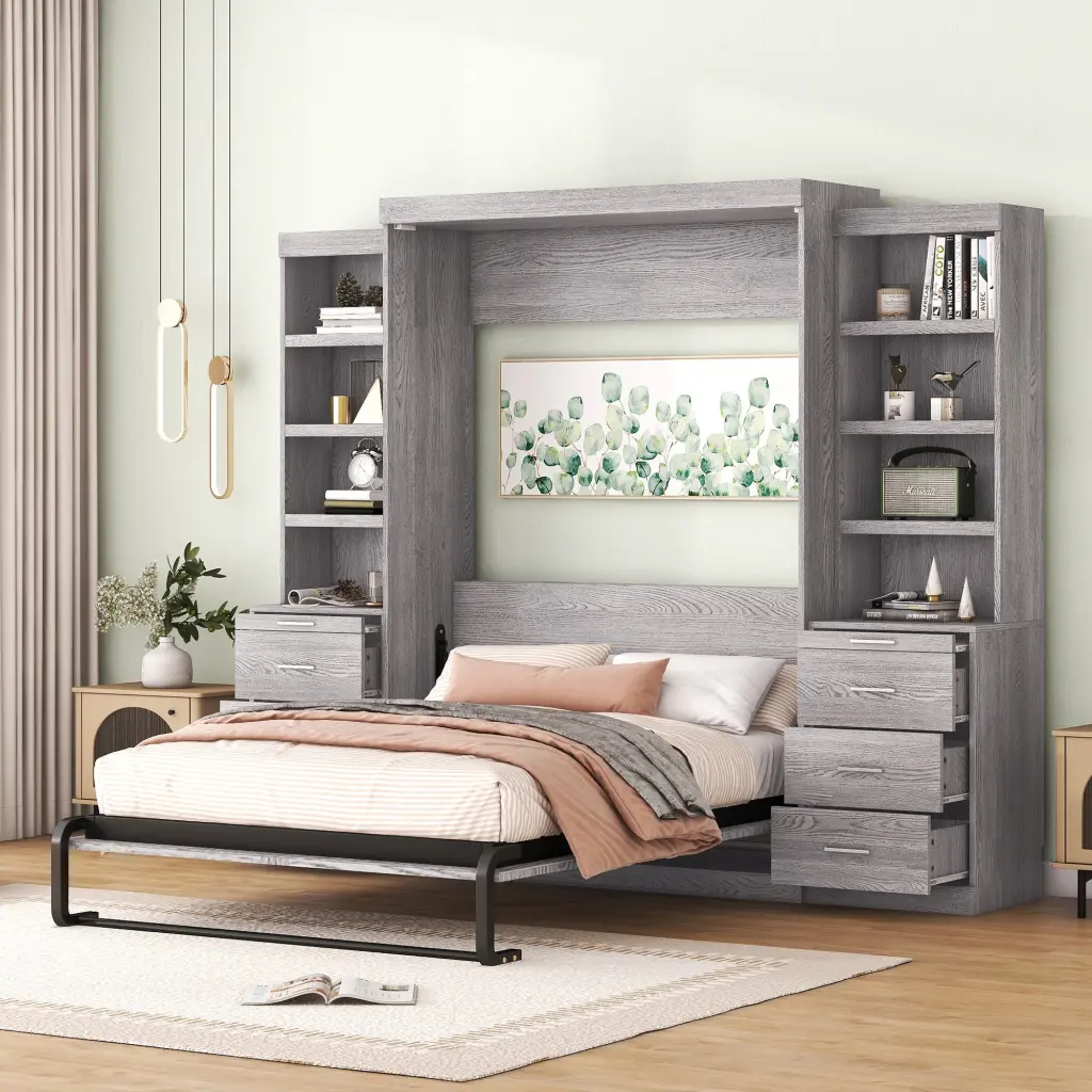 Full Murphy Bed Storage Shelves And Drawers Gray Box Spring wm store
