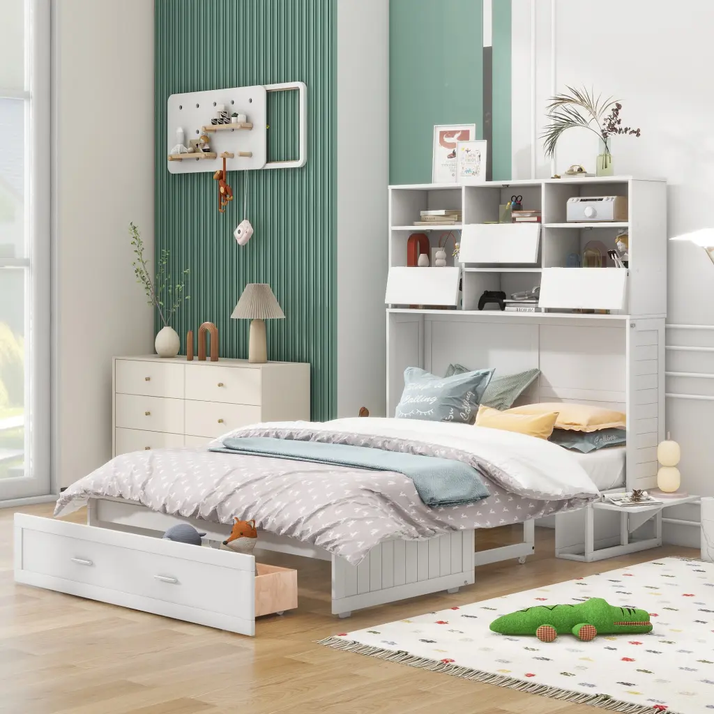 Queen Dimensions Murphy Bed Bookcase Bedside Shelves and Big Drawer wm store