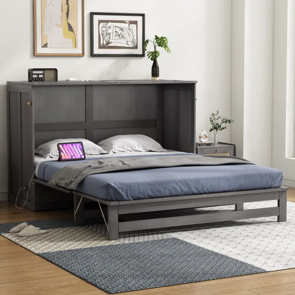 Queen Dimensions Murphy Bed Built Charging Station Antique Grey Box wm store