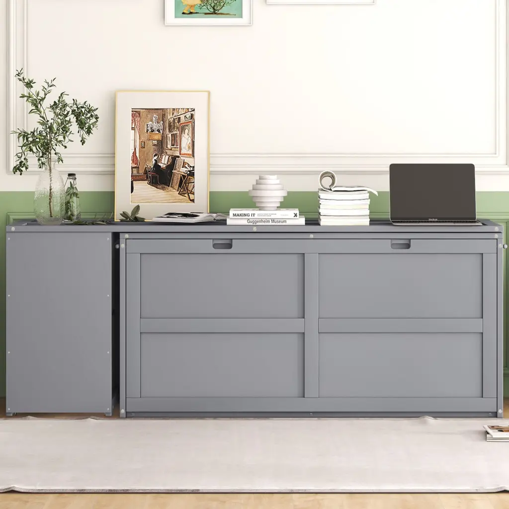 Queen Size Murphy Bed Rotatable Desk Gray No Box Spring Required wm store