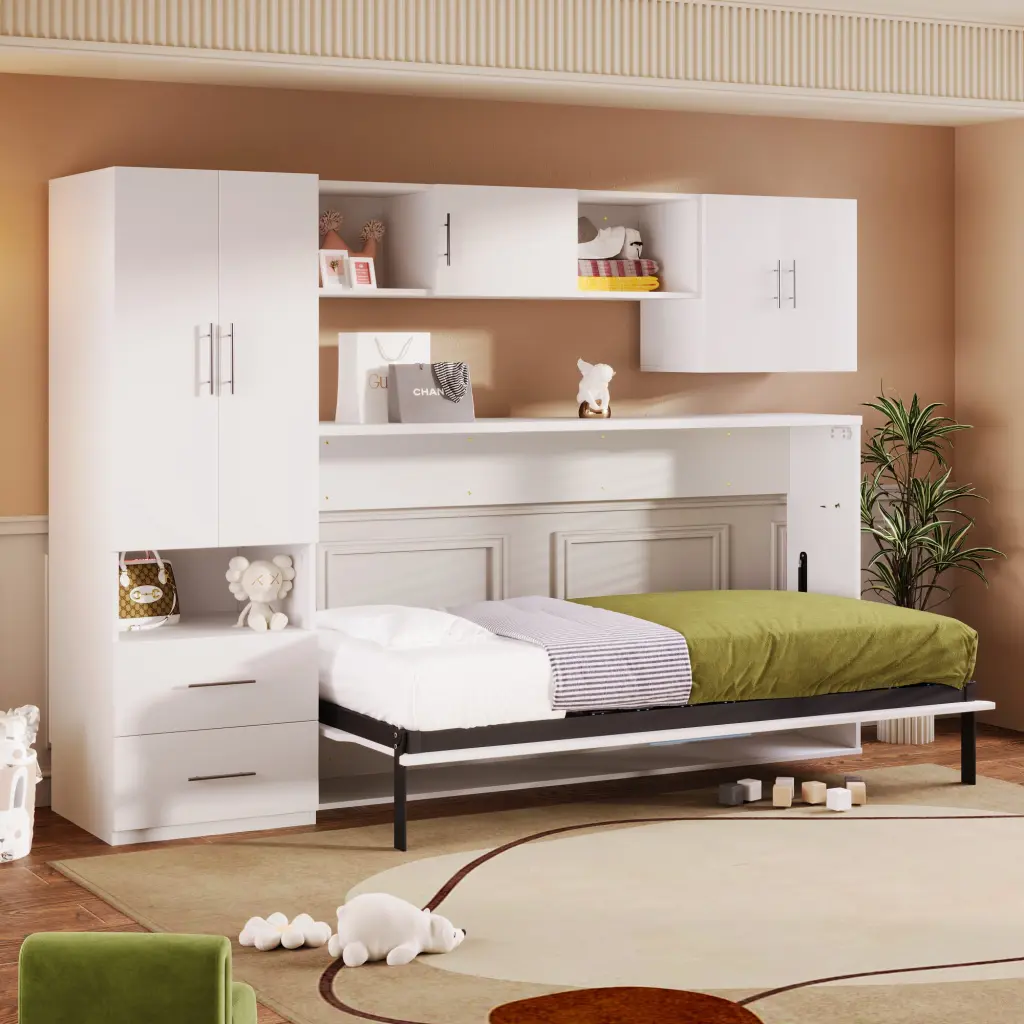 Twin Dimensions Murphy Bed Open Shelves And Storage Drawers, Space Saving Wall Bed wm store