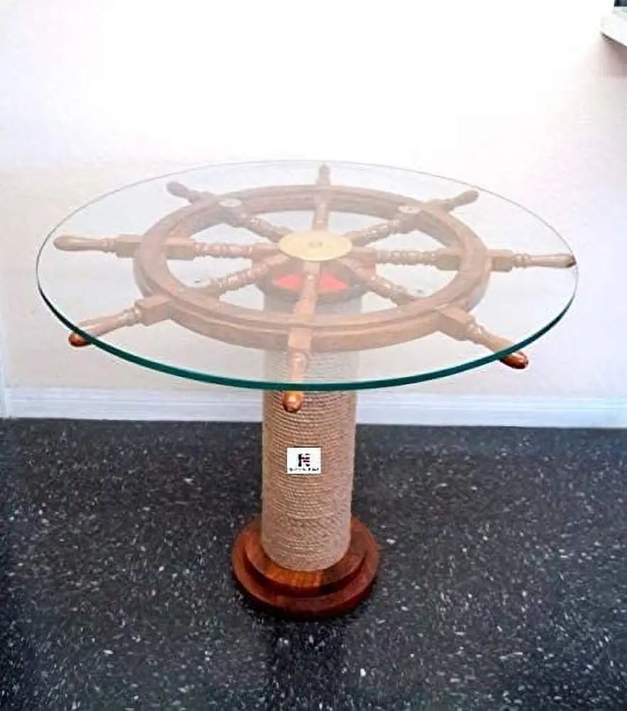 Authentic Wood Crafted Coffee Table Thick Glass Top and Maritime Ship Wheel Design Nauticalmart