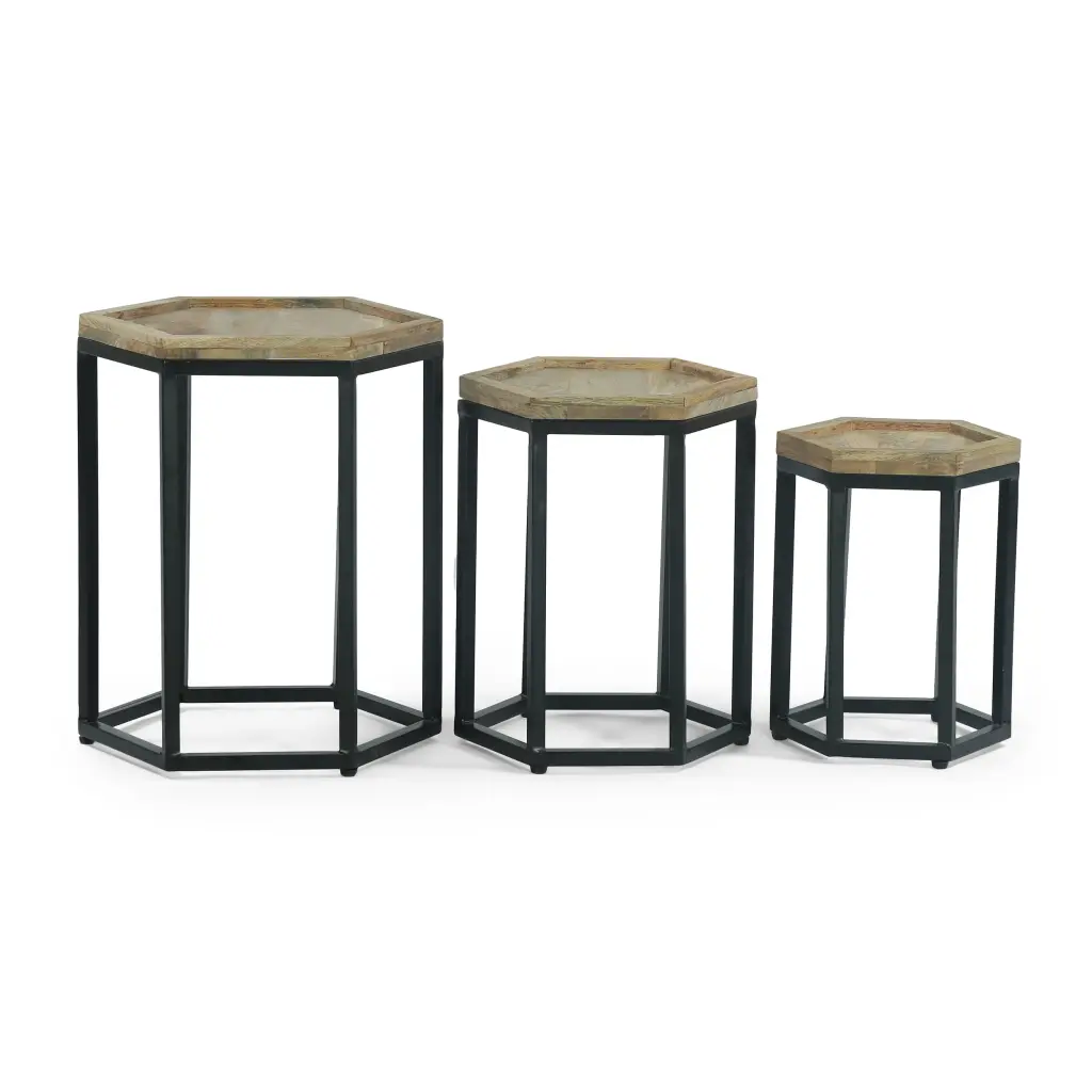 Yantic Modern Industrial Handcrafted Mango Wood Nested Side Tables Set 3 Natural and Black GDFSTUDIO