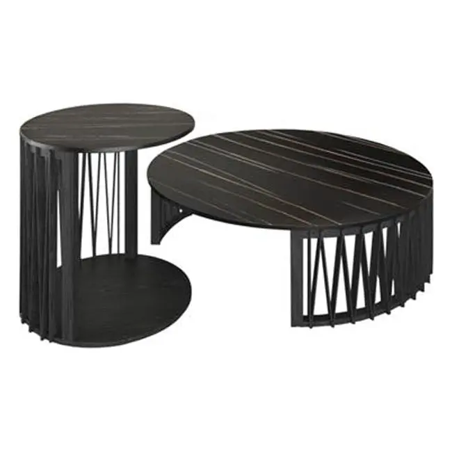 HomeRoots Black Marble Solid Wood Round Nested Coffee Table 35 Inch