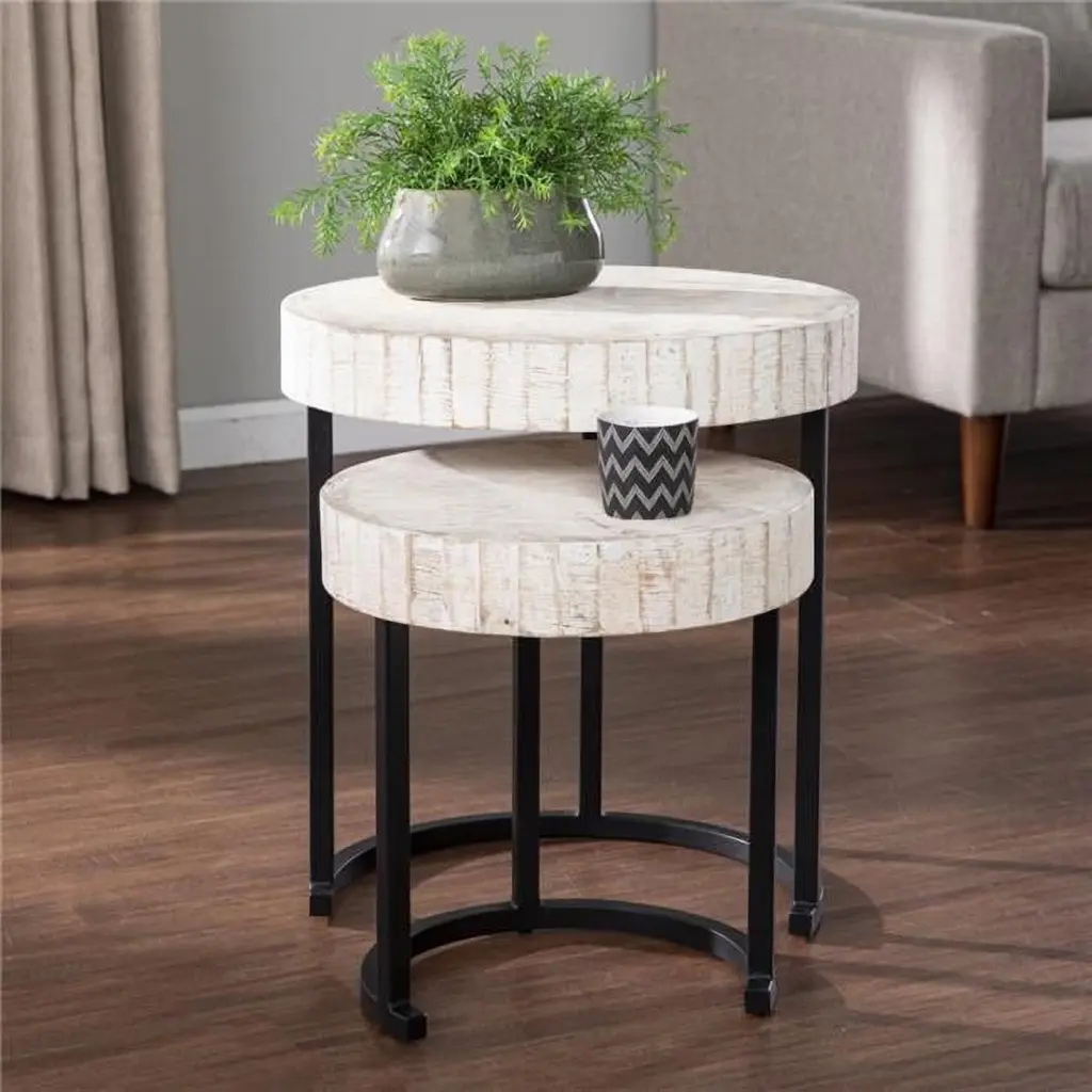 HomeRoots 21 Inch Solid Wood & Iron Round Nested Tables Set 2 White