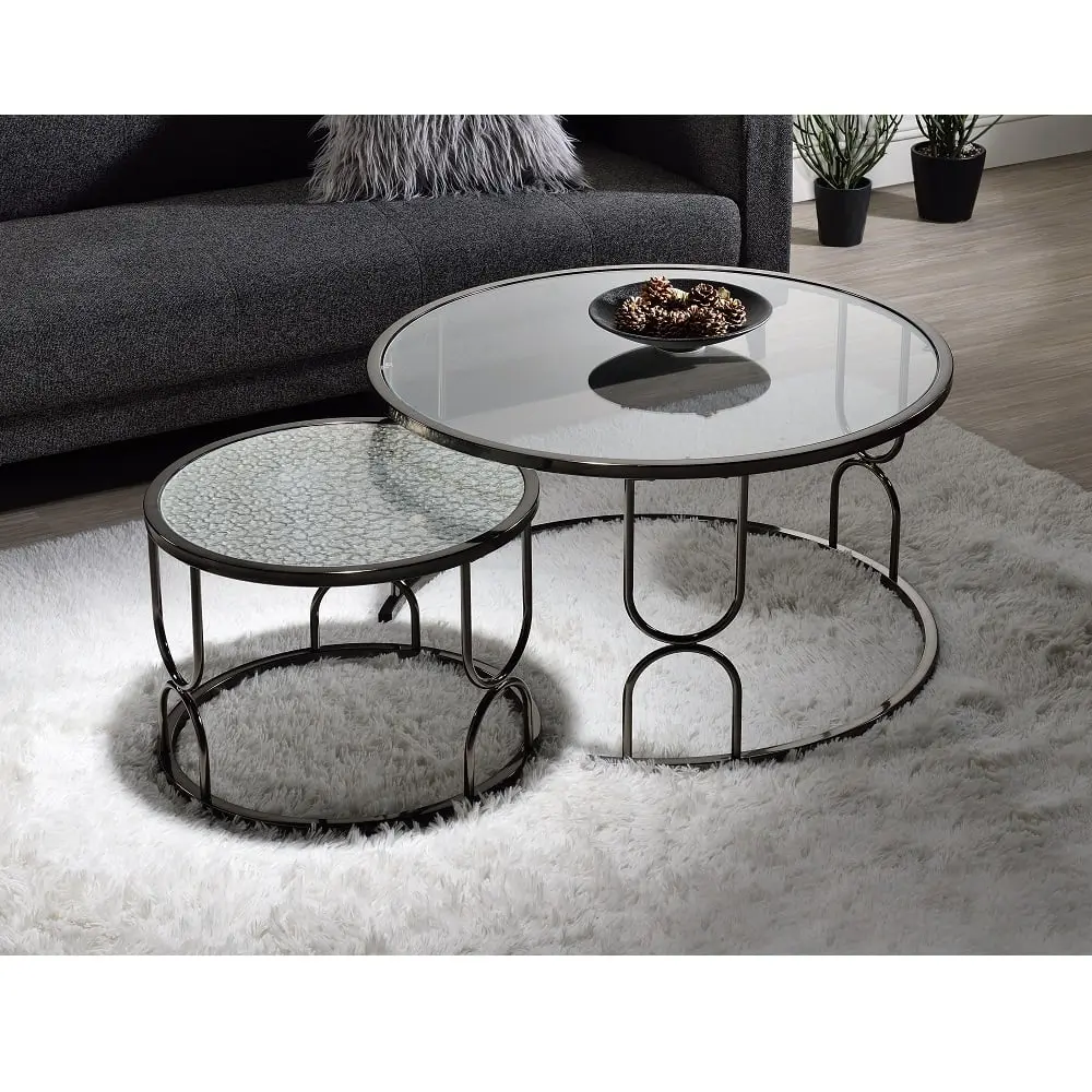 Nesting Coffee Table Set Patterned Mirror Glass Black Finish ACME