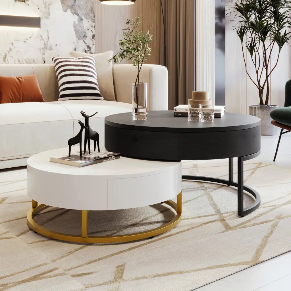 DeeHome Modern Round Lift-top Nesting Coffee Tables 2 Drawers White and Black