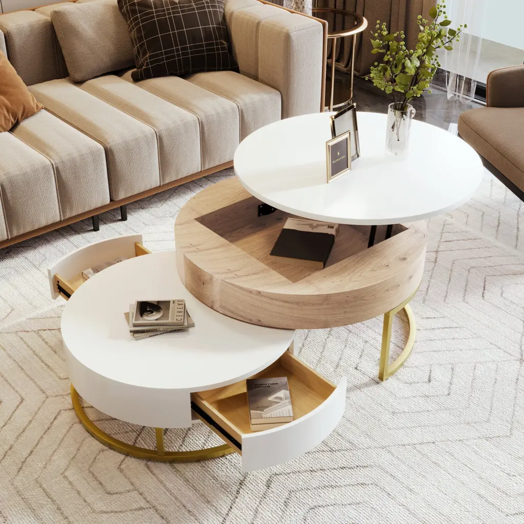 DeeHome Modern Round Lift-top Nesting Coffee Tables 2 Drawers White and Natural